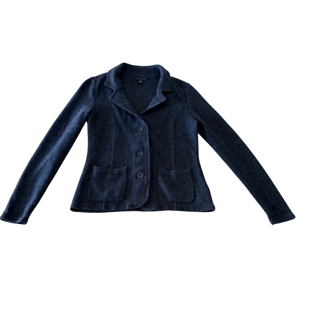 Tahari Womens Gray Merino Wool Blend Knit Blazer Cardigan Jacket Size M